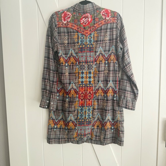 Johnny Was Tops - Johnny Was Workshop Tunic Shirtdress Womens Medium Plaid Embroidered Pearl Snap